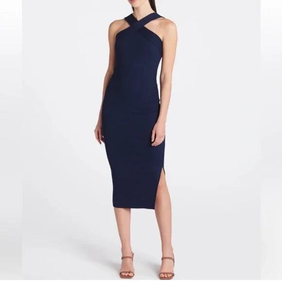 NEW! Michael Stars Opaline Ultra Rib Ruched Midi Dress Admiral navy blue Medium - Picture 1 of 8